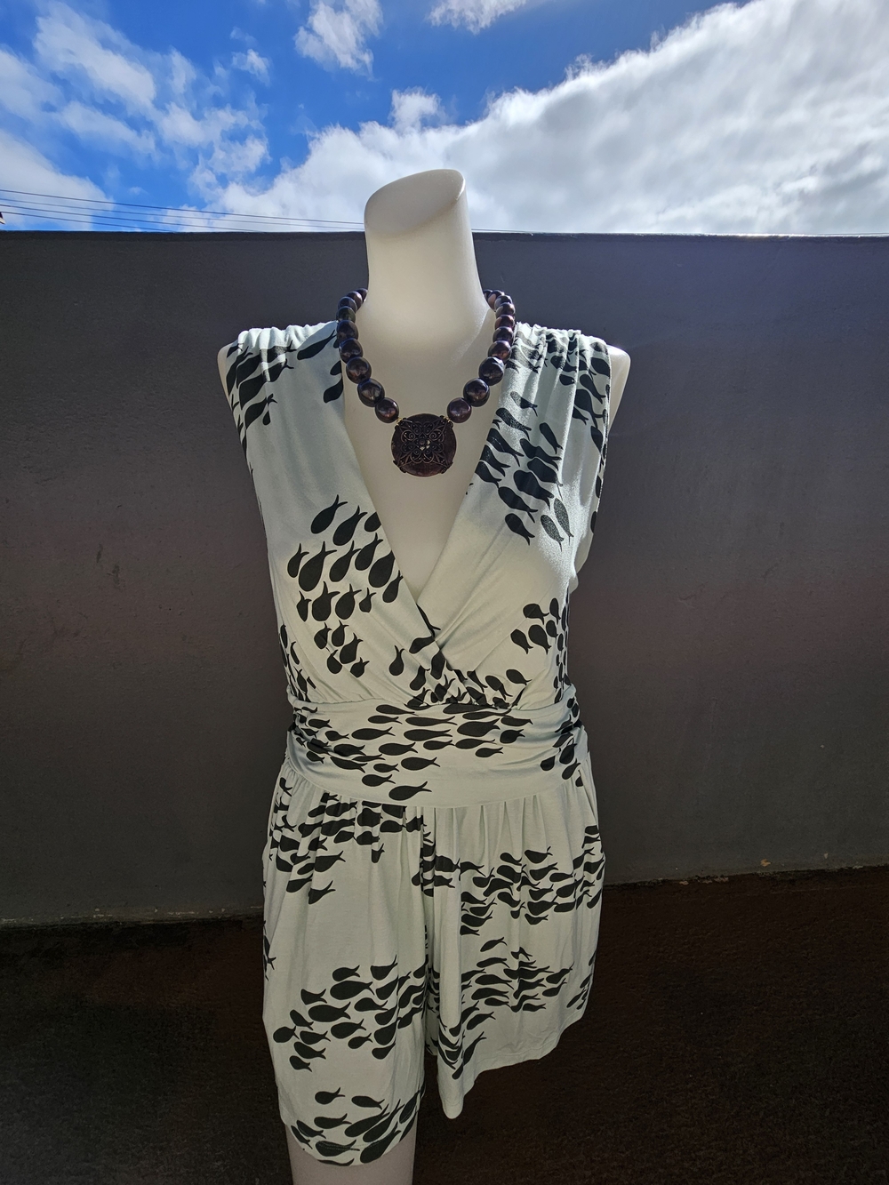 Ava Sky Honolulu Green & Black Romper FIsh Print